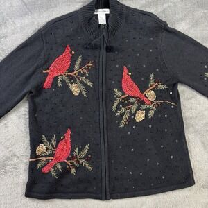 Drapers & Damons Cardigan Sweater Medium Cardinal Sequin Bead Tassle Zip Holiday